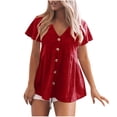 thumbnail image 2 of UPPADA Under 15 Womens V Neck Cotton Linen Shirts Roll Up Sleeve Pleated Blouses Solid Color Comfy Top Summer Casual Flowy Blouses Red,M, 2 of 8