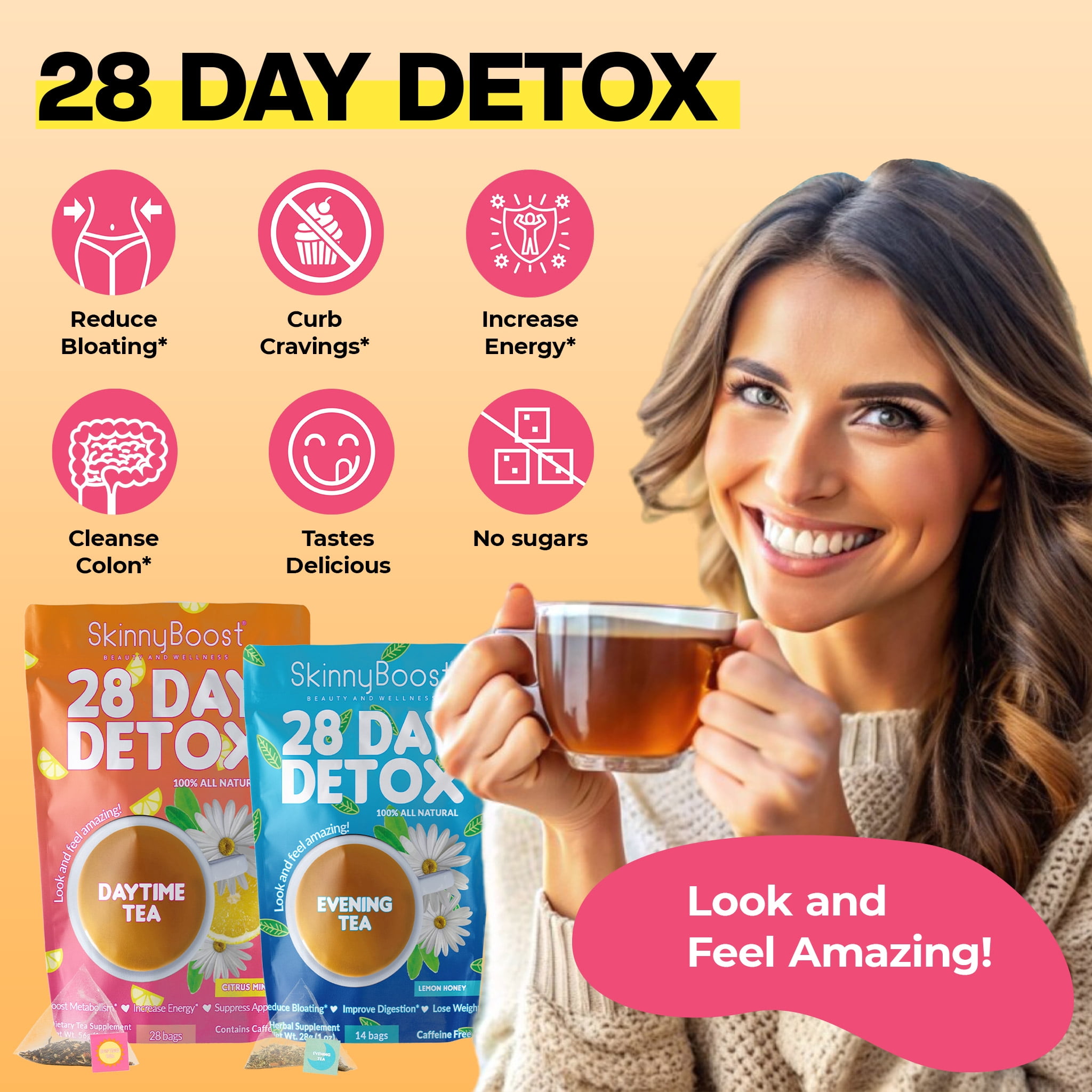 Skinny Boost 28 Day Detox Tea Kit-1 Daytime Tea (28 Bags) 1 Evening Detox Tea (14 Bags) Supports Detox & Cleanse-Non GMO, Vegan, All Natural