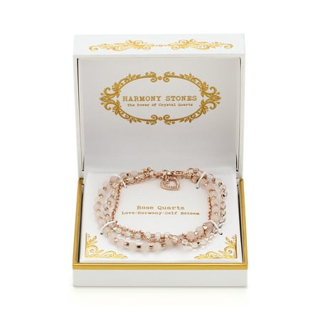 14Kt Rose Gold Flash Plated Rose Quartz Bracelet with Crystal Heart ...