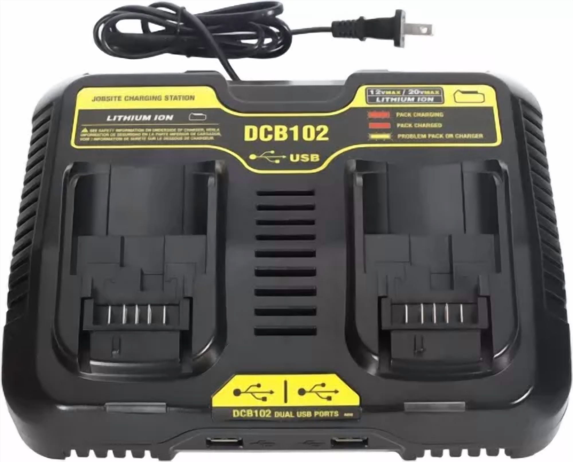 for Dewalt DCB102 20V Li-ion Battery Dual Charger Fast Charger with 2 USB Ports