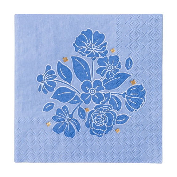 Bonjour Fête Blue Floral Cocktail Paper Napkins, Disposable Party Supplies, 20 Count, Small, Beverage Size, Bridal Shower, Happy Birthday