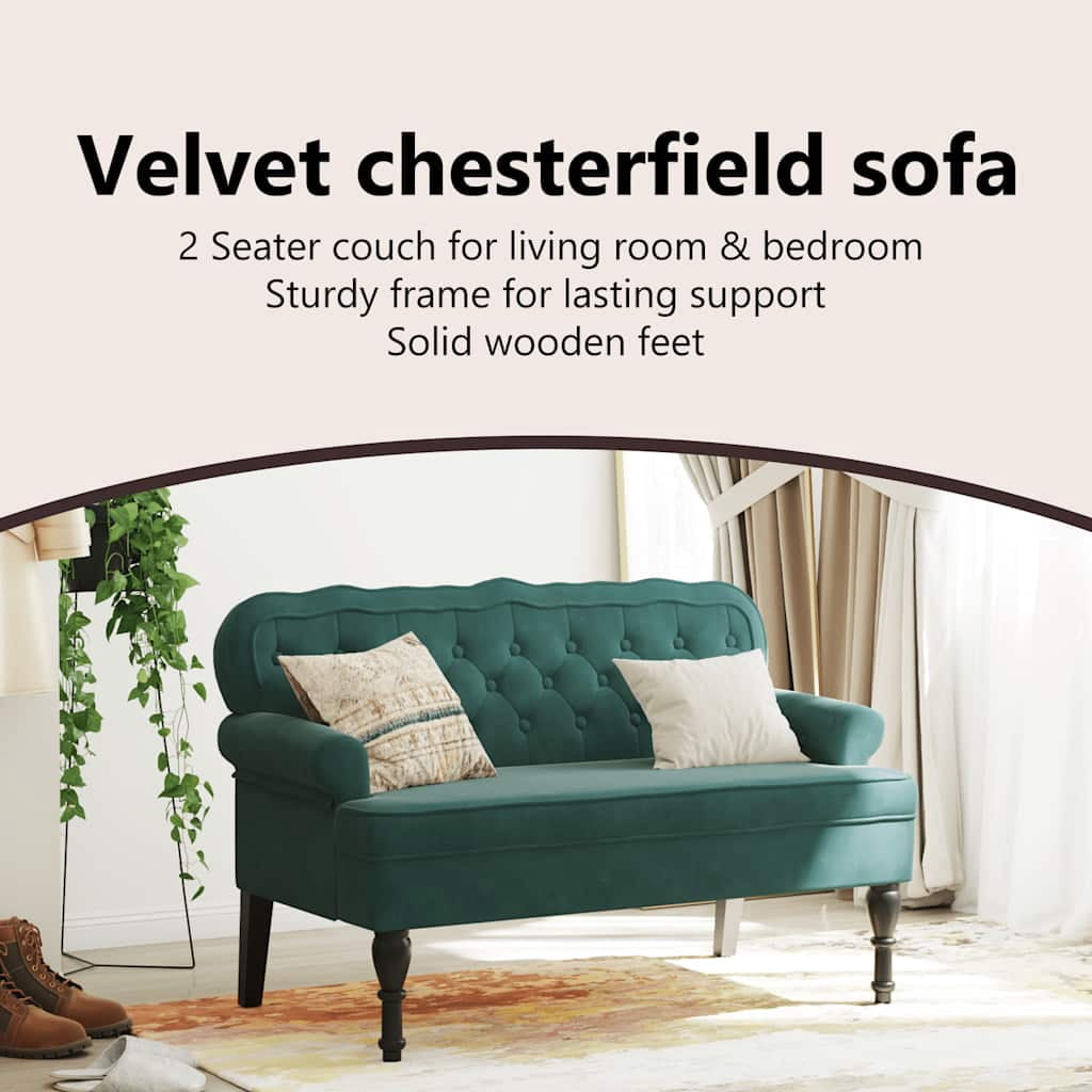 vidaXL 47” W Small Loveseat, Velvet Chesterfield Sofa, 2 Seater Couch for Living Room, Dark Green
