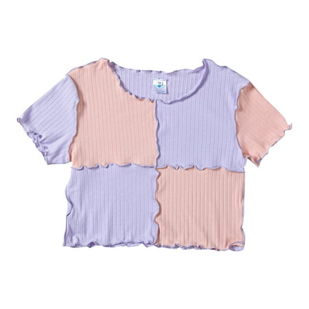 

ZRBYWB Girl Clothes Colorblock Wood Ear Edge Crew Neck Ribbed Knit Short Sleeve Cute Clothes Summer Casual Top Kawaii Clothes