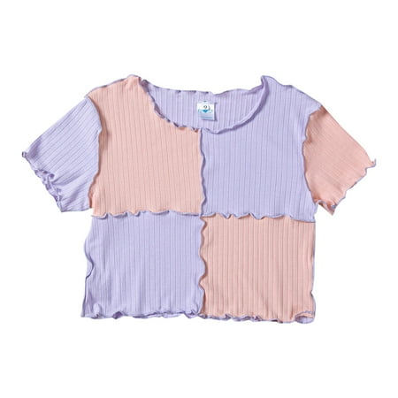 

KDFJPTH Girls Colorblock Wood Ear Edge Round Neck Ribbed Knit Short Sleeve Cute Clothes Summer Casual Toddler Tops