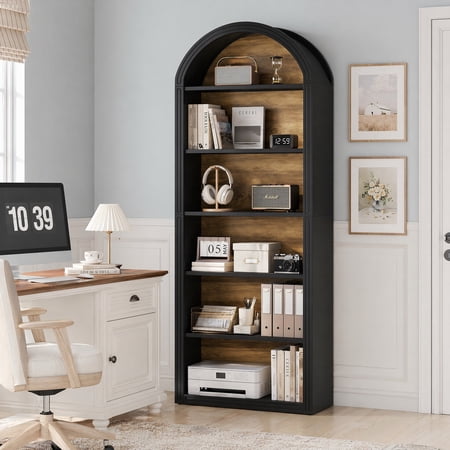 Fnova 6-Tier 77" Tall Arched Bookcase, Wooden Open Bookshelf Display Shelf for Living Room Bedroom Office Library, Black