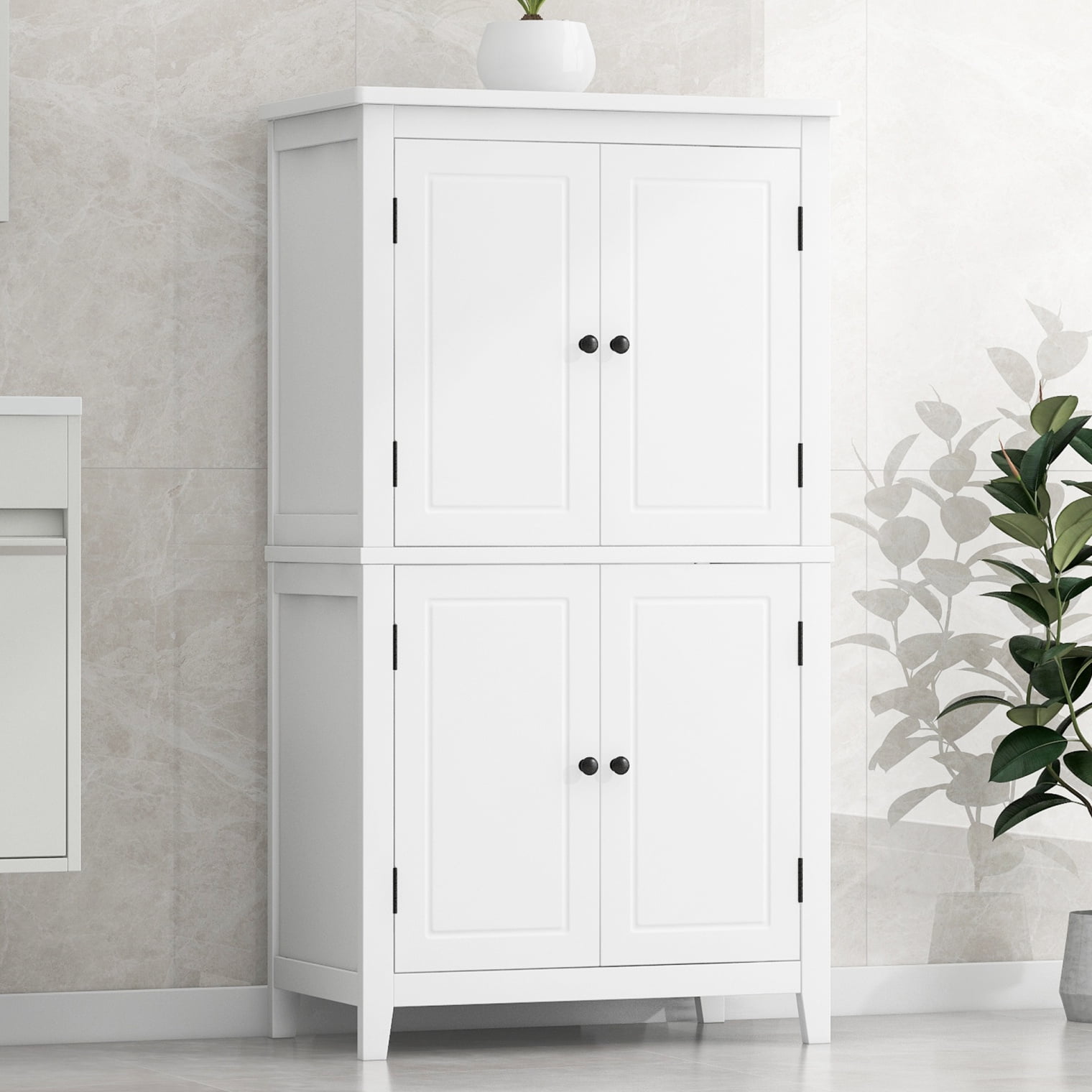 Bathroom Floor Cabinet with Door Storage and Anti-Tipping Device, Wooden Storage Cabinet with Adjustable Shelves and 4 Sturdy Legs, Freestanding Cupboard for Kitchen, Living Room, Entryway, White