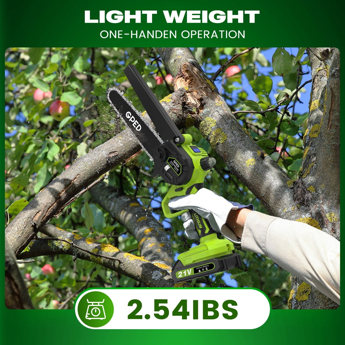 GPED Mini Chainsaw Cordless 6 inch with 2 Battery, Mini Power Chain Saw with Security Lock, Electric Chainsaw, Handheld Small Chainsaw for Tree Trimming Wood Cutting, Green