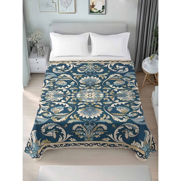 Blue Boho Flowers Twim Size Flat Sheet, Wrinkleproof & Fadeproof Cooling Flat Bed Sheet Only, Country Vintage Abstract Floral Breathable Soft Bedding Top Sheets 66 x 96 Inches