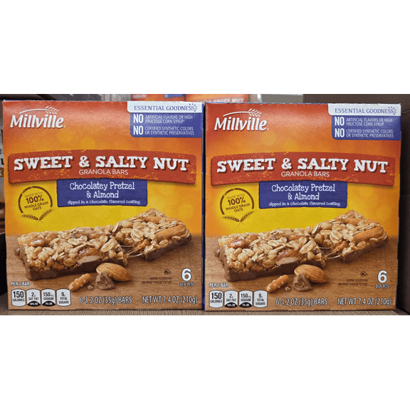 Millville Sweet & Salty Nut Granola Bars Chocolatey Pretzel & Almond 7.4oz 210g (2 Boxes)
