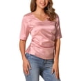 thumbnail image 4 of Blusa de satén INSPIRE CHIC para mujer, con cuello en V, mangas cortas, fruncido y lazo en la parte posterior, tops casuales de oficina M Rosa, 4 of 5