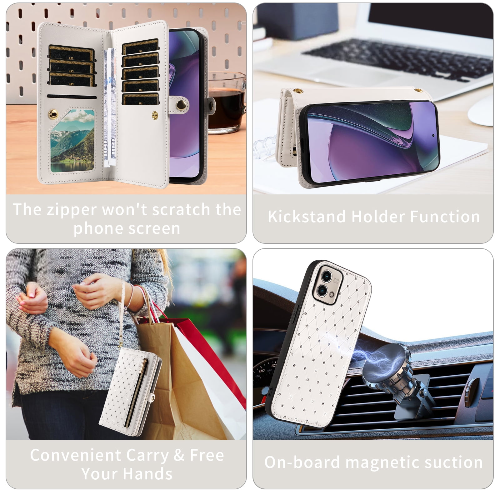 Asuwish Phone Case for Motorola Moto G Stylus 5G 2023 Zipper Wallet Detachable Cell Cover with Tempered Glass Screen Protector Crossbody Lanyard Strap Bling Glitter Flip Card Holder Slot Women White