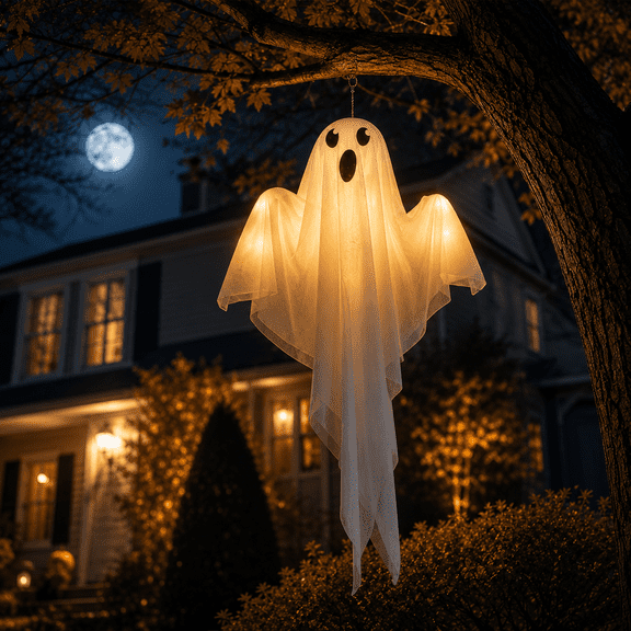 Clearance Light Up Hanging Ghost Decor, White Gauze Ghost Ornament with Blue LED Lights, Halloween Hanging Decoration for Front Door Porch Yard Tree Party Indoor Outdoor