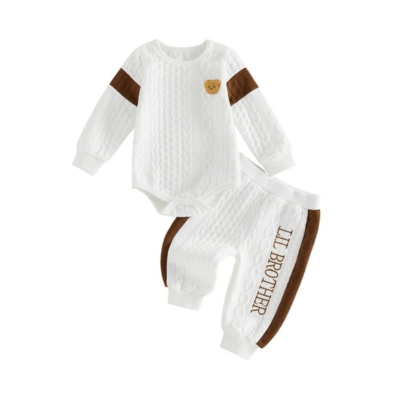 BemeyourBBs Baby Boy Little Brother Daddy's Mini Outfit Baby Boys Spring Fall Winter Clothes Bear Embroidered Long Sleeve Romper and Side Striped Pants 2 Piece Set