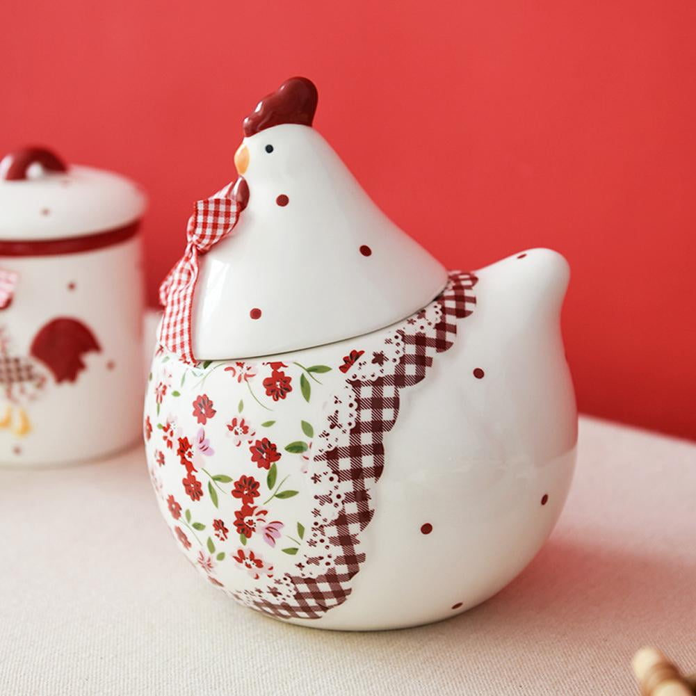 Ceramic Easter Sugar Canister with Rural Chicken & Floral Pattern, Rooster Hen Cookie Jar, Airtight Food Storage Container, Red