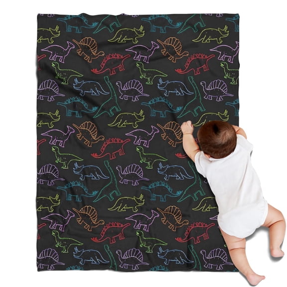 Black Colorful Dinosaurs Chalk Pattern Blanket,Comfortable Soft Flannel Throw Blanket,All Season,Warm Lightweight Blankets for Sofa Bed Couch Living Room Chair,30"x40"