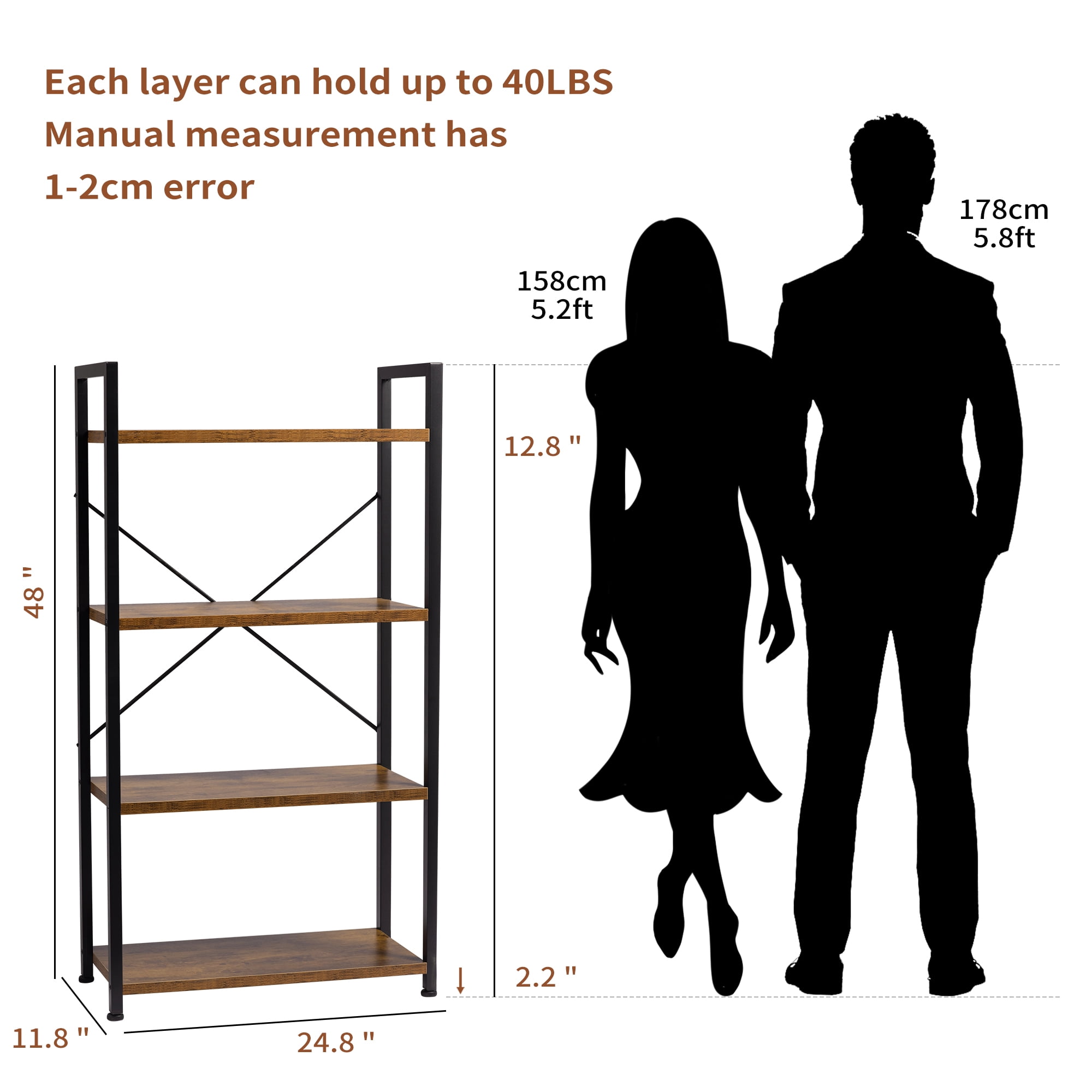 YEEZEE 4-Tier Bookshelf, Industrial Open Shelving Unit, Modern Tall Bookcase Ideal For Bedrooms, Living Rooms, And Home Offices Rustic Brown