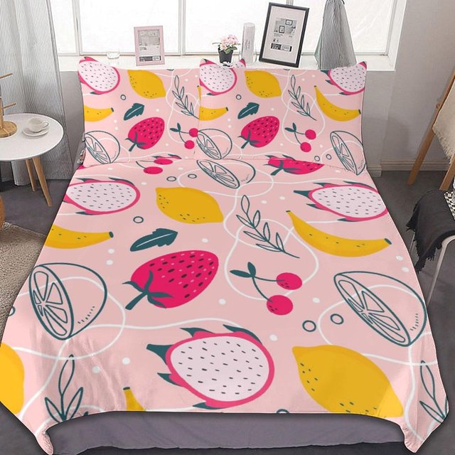 HAHDAXIA Fruit Pattern Bedding Solid Comforter Set for All Seasons,3 Pieces(1 Comforter+2 Pillowcases),Soft Microfiber Bedding Set Twin(86"x70")