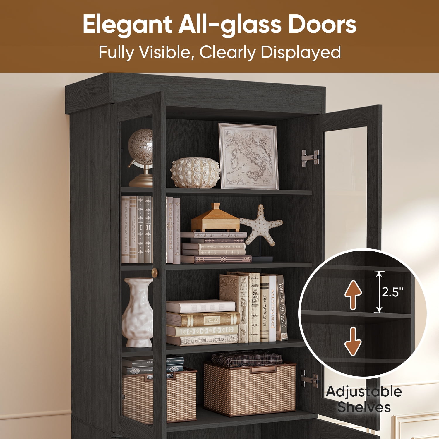 71"Tall Pantry Storage Cabinet,Wood Kitchen Cabinet with Glass Doors and Adjustable Shelves for Dining Room Living Room,Black,3Pcs