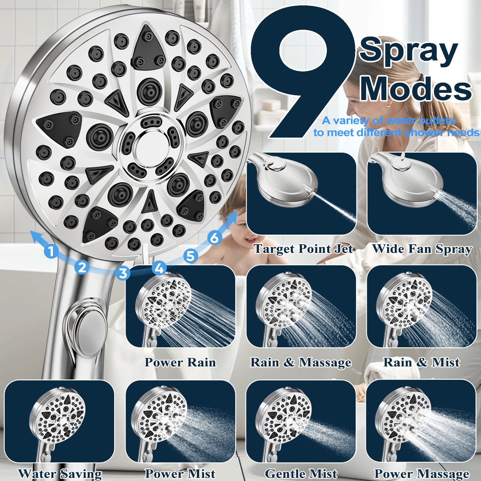 High Pressure Handheld Shower Head, 4.8" Large Panel Rain Shower Head with 9 Spray Modes, One-Touch Pause Button, Long Hose and Adjustable Bracket for Bathroom Cleaning and Pet Bath