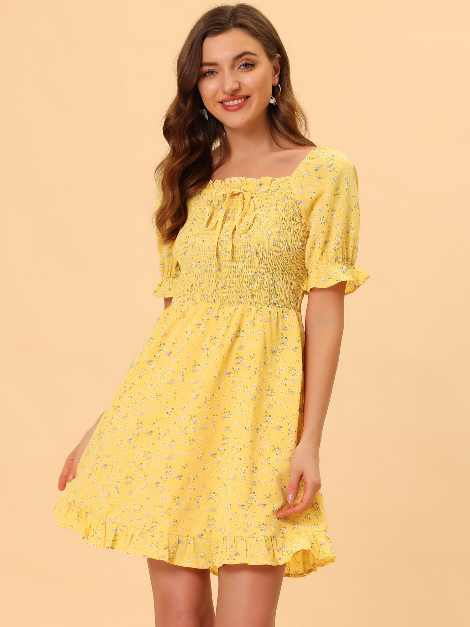 DARING DIVA Puff Sleeve Back Smocked Sweetheart Neck Ruffled Hem Dress L Yellow