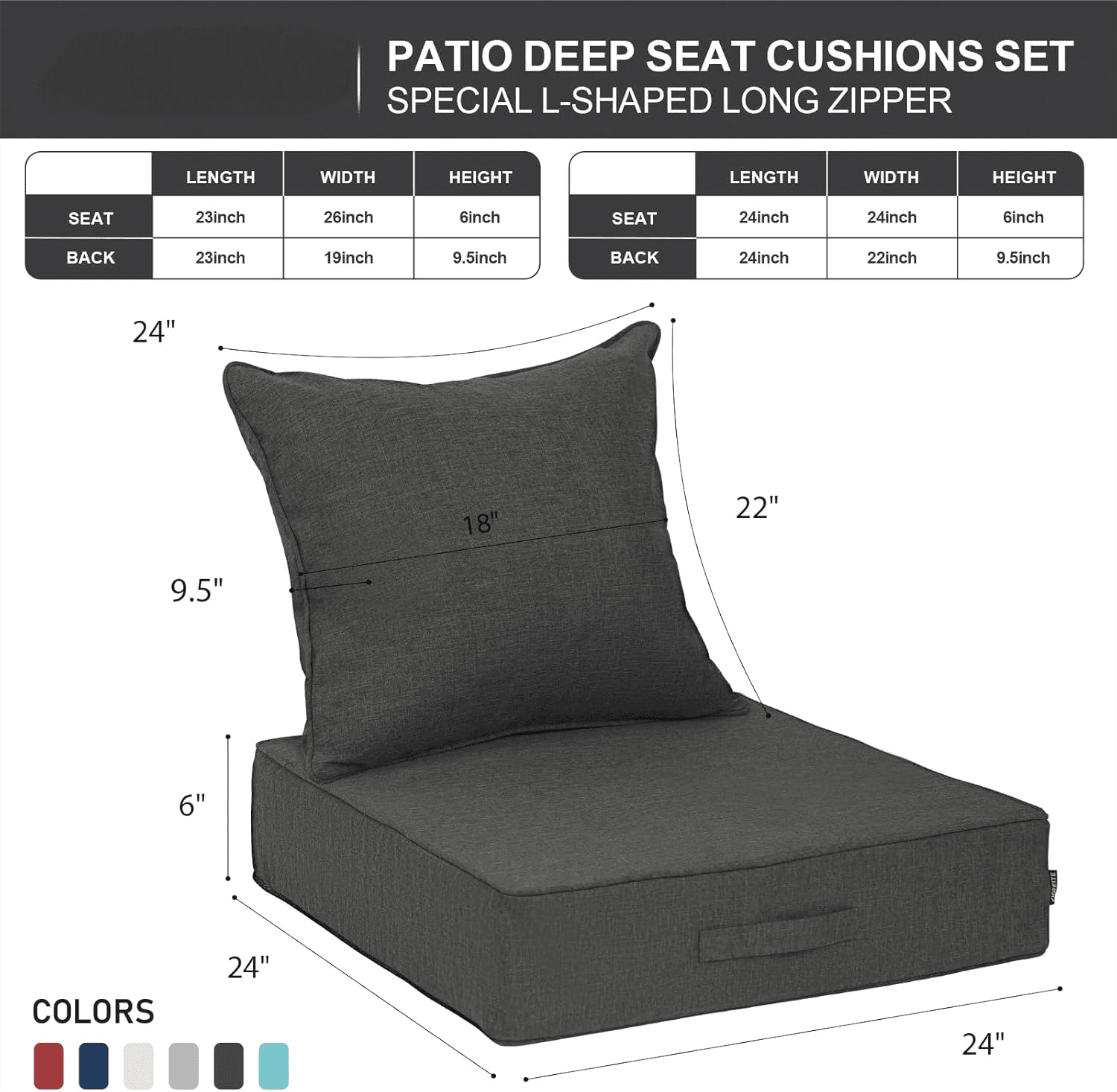 24''x 24''x 6'' 2PCS Outdoor Olefin Water-Resistant Deep Seat Cushion Set,  Weather and Fade Resistant Patio Furniture Seat Cushion, Thickened Sofa Chair Pad with Straps for Lawn, Garden
