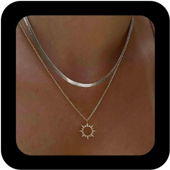 Bohemian Layered Crystal Sunburst Choker Necklace Gold Cz Sun Pendant Necklaces Celestial Sun Herringbone Collar Necklace Flat Snake Bone Chain Necklaces Jewelry for Women