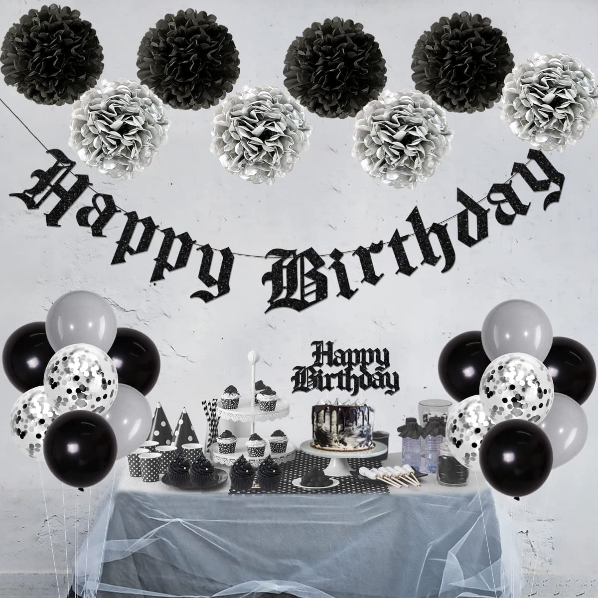 Black Gothic Birthday Decorations, Funeral Birthday Party Decorations - Old  English Happy Birthday Glitter Banner, Cake Topper, Tissue Pom Poms, Black  Circle Dot Garland and Balloons for Men and Women 