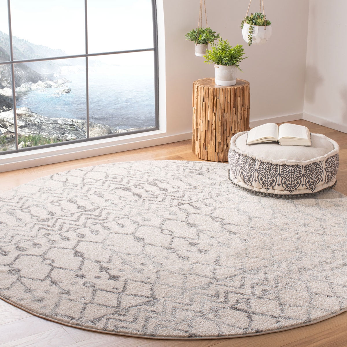 SAFAVIEH Tulum Glen Moroccan Geometric Area Rug, 3' x 3' Round, Ivory/Grey