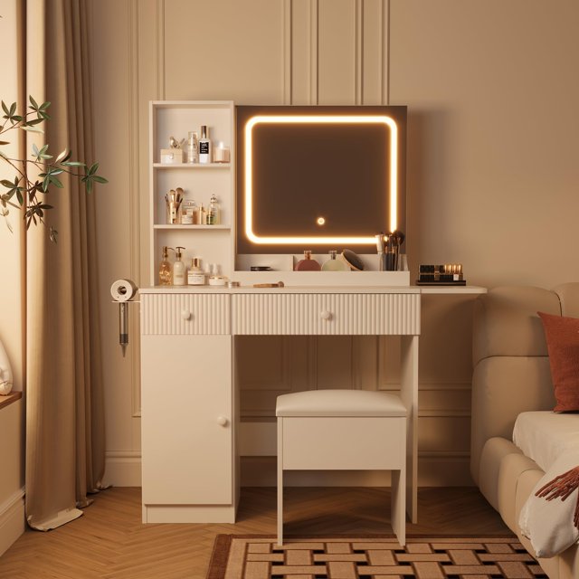 Vanity Desk with Mirror and Lights, Makeup Desk with 3 Lighting Modes, Power Outlet, Drawers & Storage Shelves, Storage Stool, Vanity for Bedroom, Wood