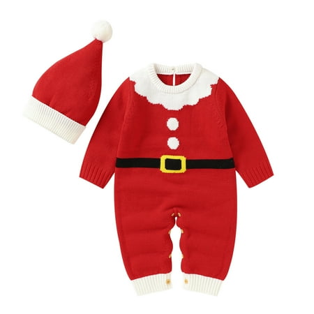 

ZHUASHUM Boy Girl Christmas Knitted Sweater Baby Jumpsuit Romper Cotton 1 Piece Hat Caps Outfits Clothes Set