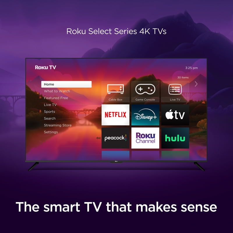 Roku Smart TV 43-Inch Select Series 4K HDR Roku TV with Roku Enhanced Voice Remote, Brilliant 4K Picture, Automatic Brightness, & Seamless Streaming front and back view