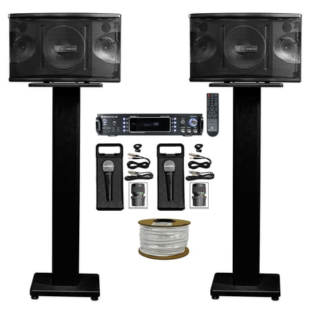 Pair Rockville KPS80 8 800w Karaoke/Pro Speakers+Bluetooth Amp+Stands+(2) Mics + Rockville R14GSBR100 Red/Blk 14 Gauge 100 Ft. Mini Spool Car Audio Speaker Wire