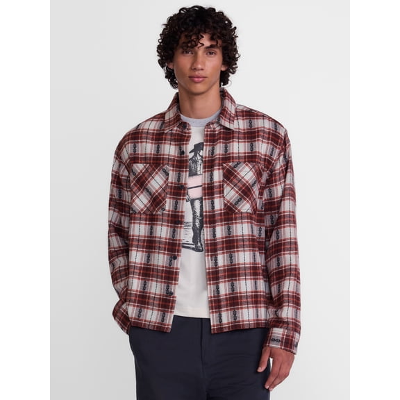 No Boundaries Southwestern Geo Print Plaid Flannel Shacket, Men's Sizes XS-4XLT