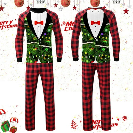 

Dad For Christmas Family Matching Pajamas Cute Big Headed Deer Print Plaid Long Sleeve Tops And Pants Soft Comfortable Holiday Sleepwear