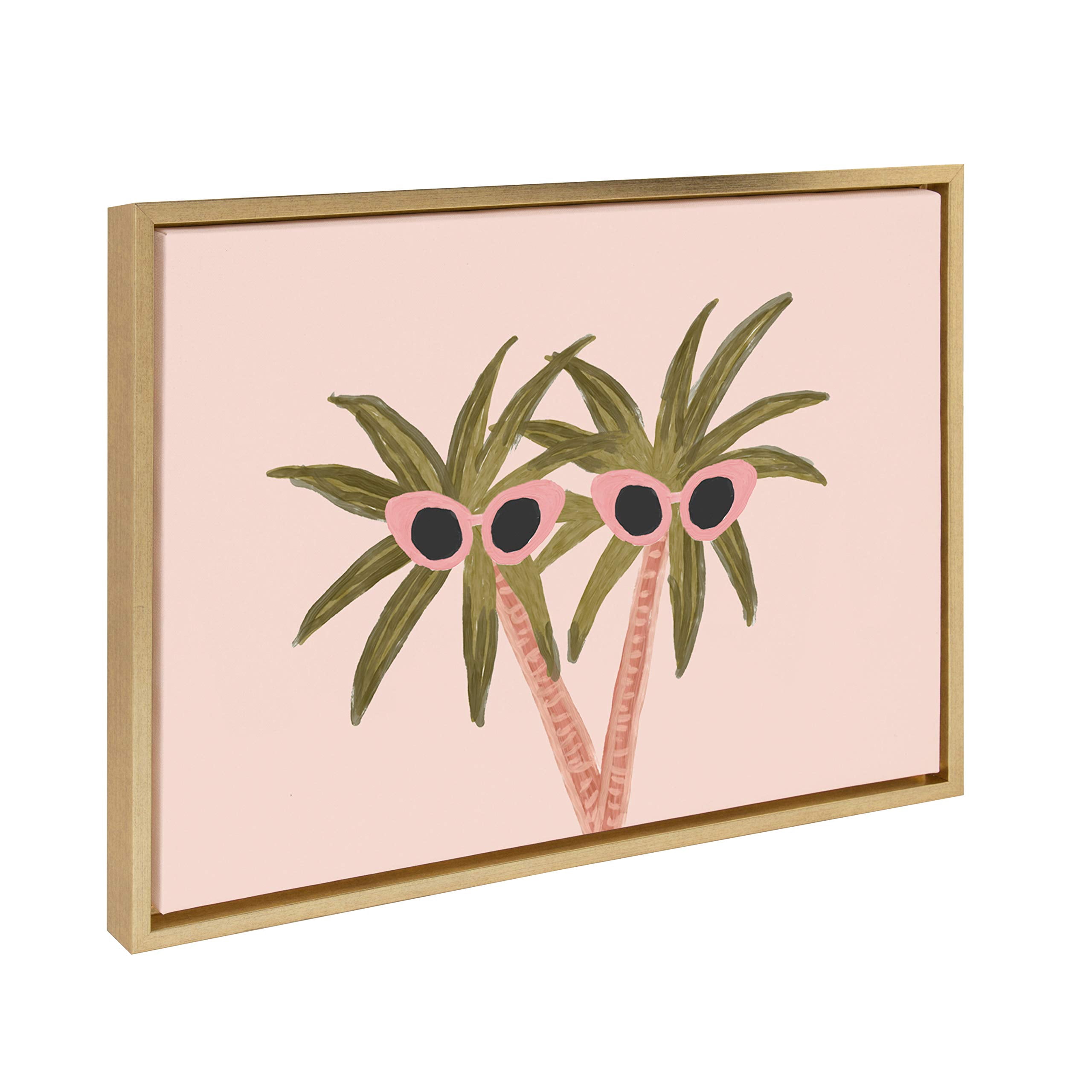 DesignOvation Sylvie Palm Trees And Sun Framed Canvas Wall Art By Kendra Dandy, 18x24 Gold, Coastal Wall-Mounted Home Decor