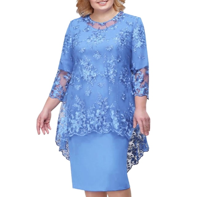 Kcodviy Robe Élégante pour Femmes en Dentelle Brodée, Tenue de Bureau Décontractée, Robe de Soirée à Manches Mi-Longues, Longues Robes Mignonnes pour Femmes, Robes Décontractées