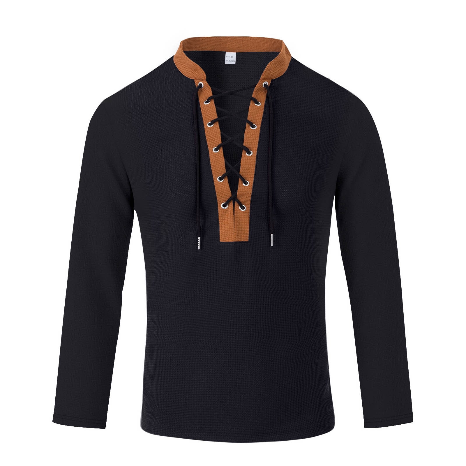 Men Shirt Long Sleeve Mens Vintage Lace Up V-Neck Long Sleeve
