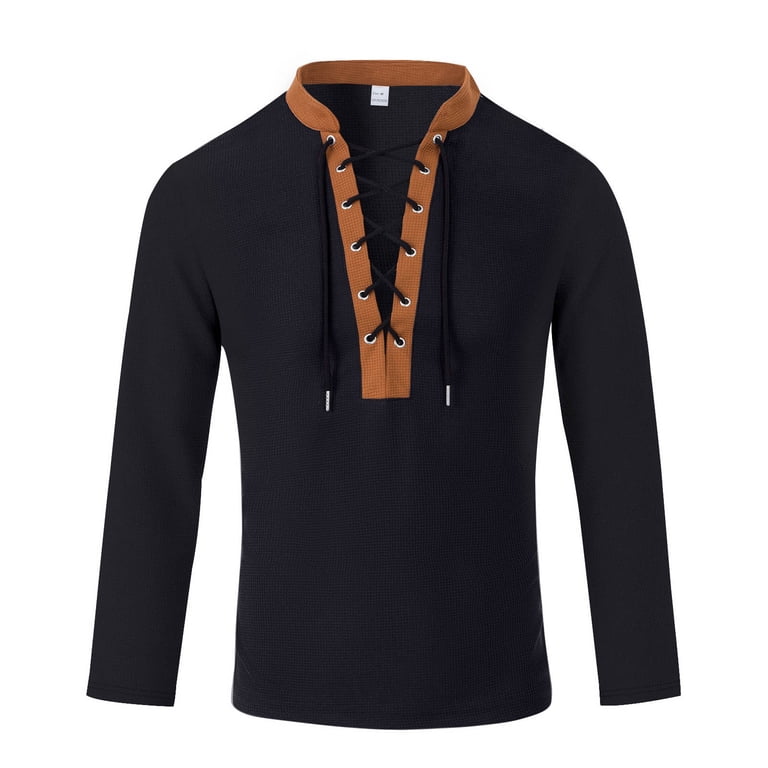 Men Shirt Long Sleeve Mens Vintage Lace Up V-Neck Long Sleeve