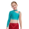 thumbnail image 1 of Runhomal Kids Girls Shiny Rhinestone Irregular Shoulder Lyrical Modern Latin Jazz Ballet Dance Crop Tops Athletic Shirts Blue Green 10, 1 of 7