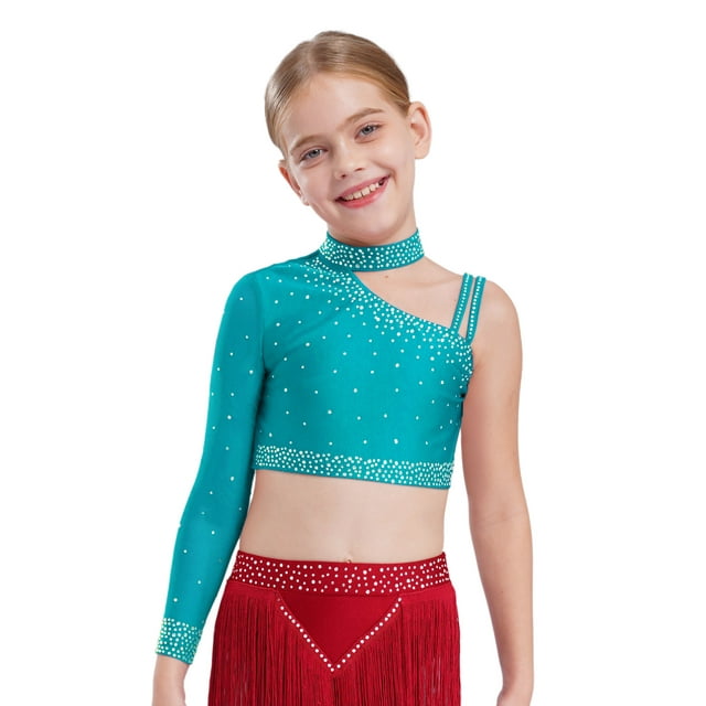 Runhomal Kids Girls Shiny Rhinestone Irregular Shoulder Lyrical Modern Latin Jazz Ballet Dance Crop Tops Athletic Shirts Blue Green 10