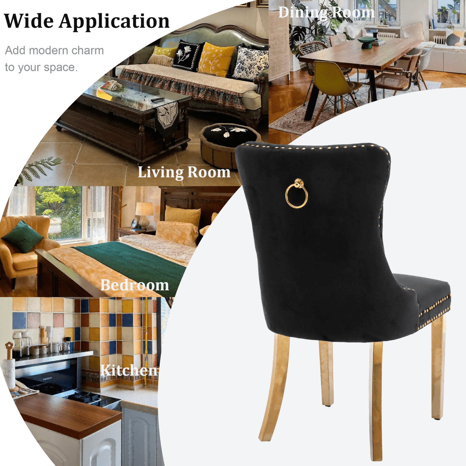 Dining Room Chairs with Velvet Fabric Dining Chairs with Golden Stainless Steel Plating Legs, Backrest and Button Velvet Fabric Design,Luxury Home Furniture for Dining Room(Black Set of 2)