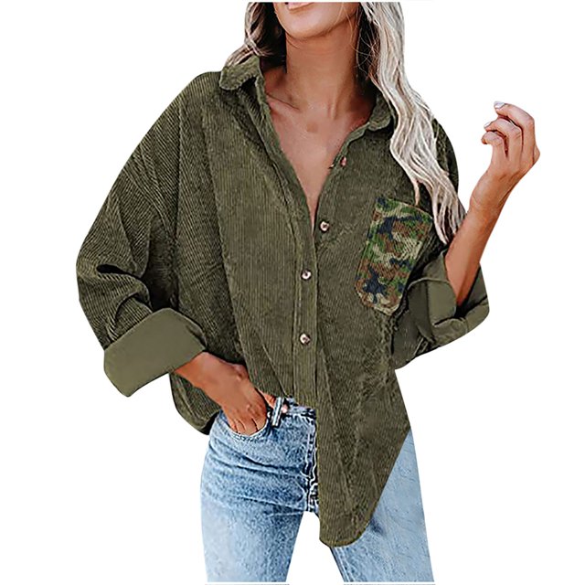Abrigo de pana con botones estampados de bolsillo suelto informal de manga larga para mujer Pompotops qwe17019