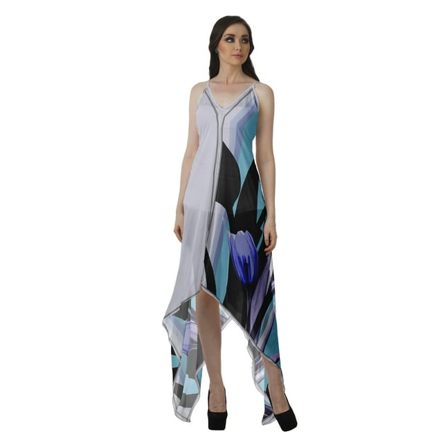 Moomaya Robe à Ourlet Asymétrique pour Femmes, Robe à Bretelles Spaghetti à Dos Nu avec Mouchoir
