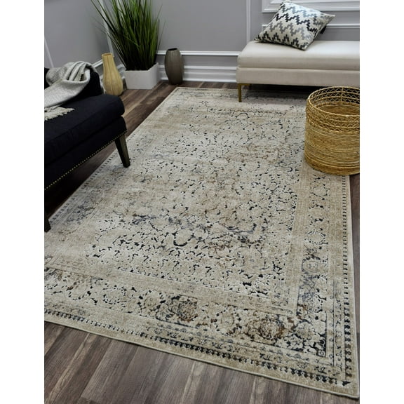 Rugs America Cambridge Collection Tan Navy CB500A Transitional Abstract Area Rug 2' x 4'