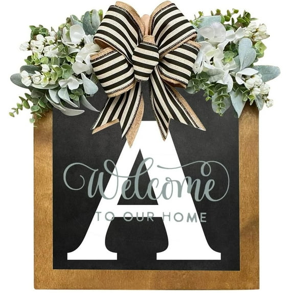 FaLX Alphabet Design Front Door Wreath - Burr-free - Faux Greenery with Bowknot - Initial Last Name Year - Farmhouse Welcome Door Sign - Home Supplies
