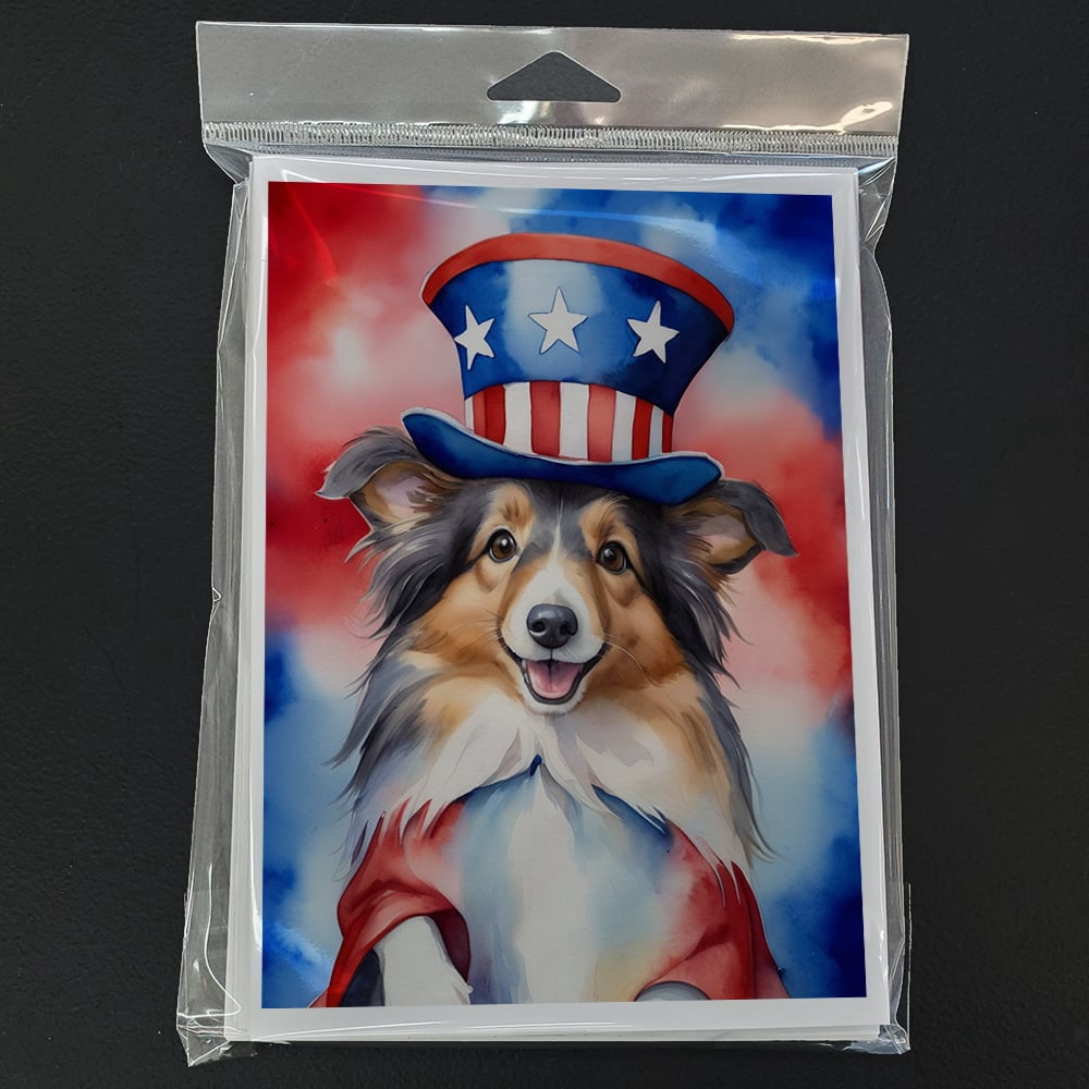 Sheltie Patriotic American Greeting Cards Pack of 8 7 in x 5 in