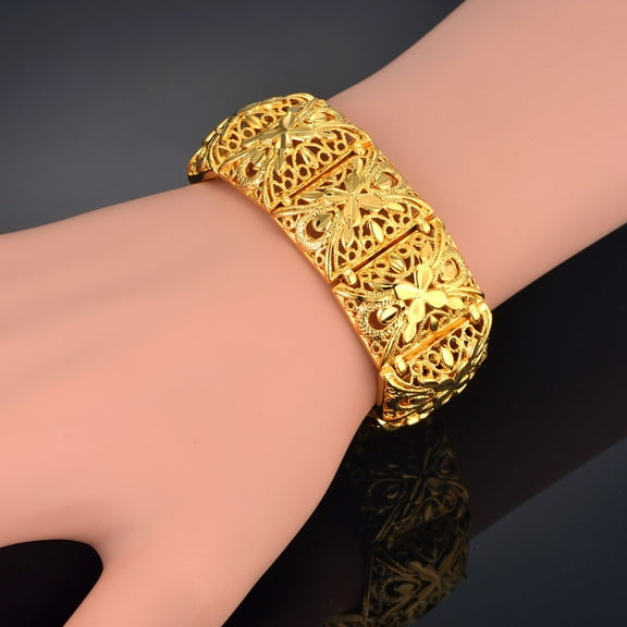 Wide Bracelet 22mm 14K Yellow Gold Chain Link Chunky Bracelets Bangles for Women Vintage Jewelry Flower Big Bracelet