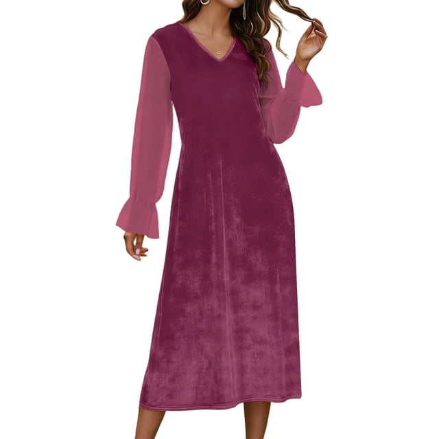 Patchwork Dress for Women V Neck Velvet And Chiffon Knee Length Sleeveless