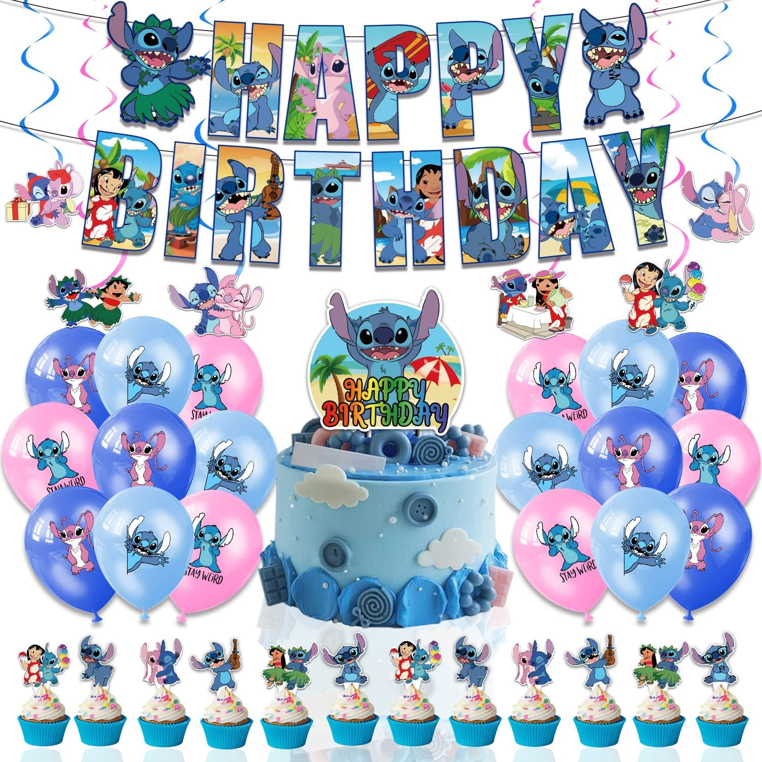 QUETO Stitch Décoration Anniversaire, 38 PCS Décoration de Thème, Bannière  de Joyeux Anniversaire, Ballon en Latex d'anniversaire Bannière de Joyeux  Anniversaire Cake Toppers enseParent