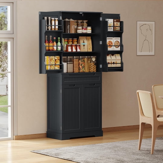 Aiho 71" Kitchen Storage Cabinet with Doors and Shelves, Bathroom Storage Cabinet - Black